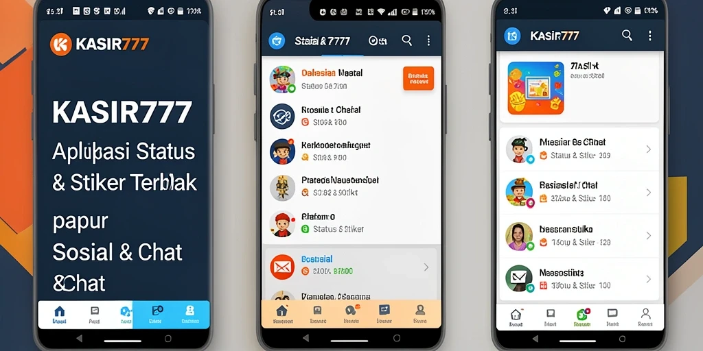 Screenshot antarmuka aplikasi KASIR777 dengan stiker-status menarik.