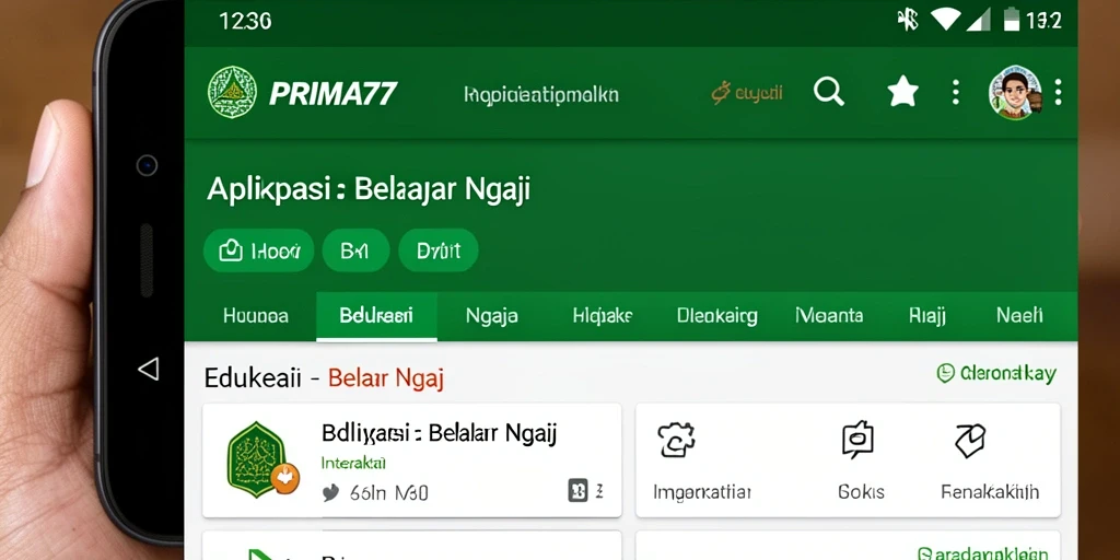 Tampilan antarmuka aplikasi PRIMA77 untuk belajar ngaji yang interaktif.